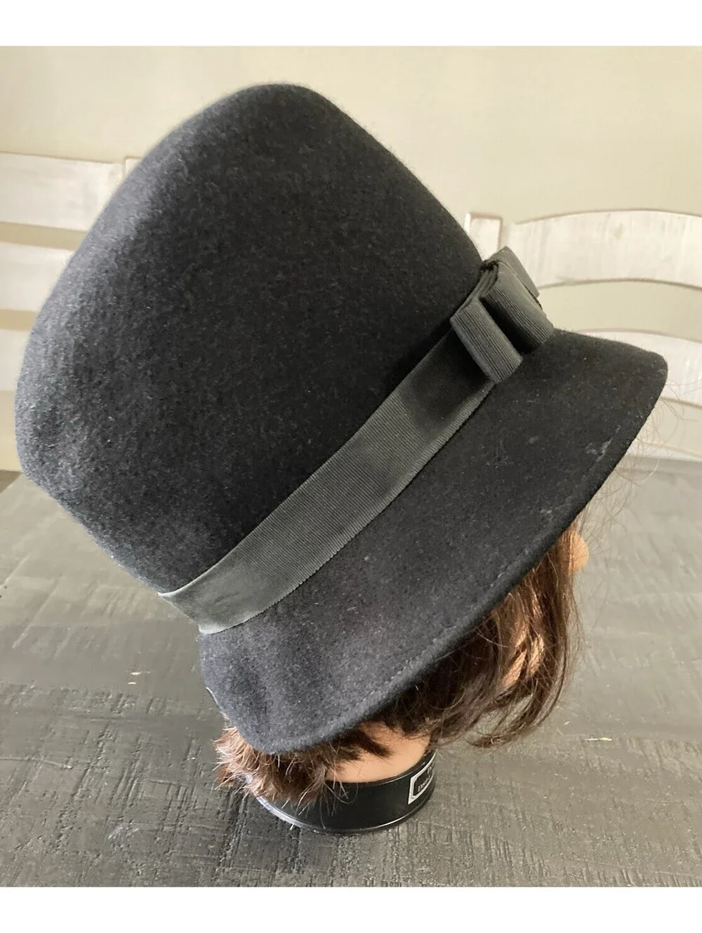 Vintage Womens Black Wool Bowler Derby Hat Bow Union Made Large Mid Century Neco